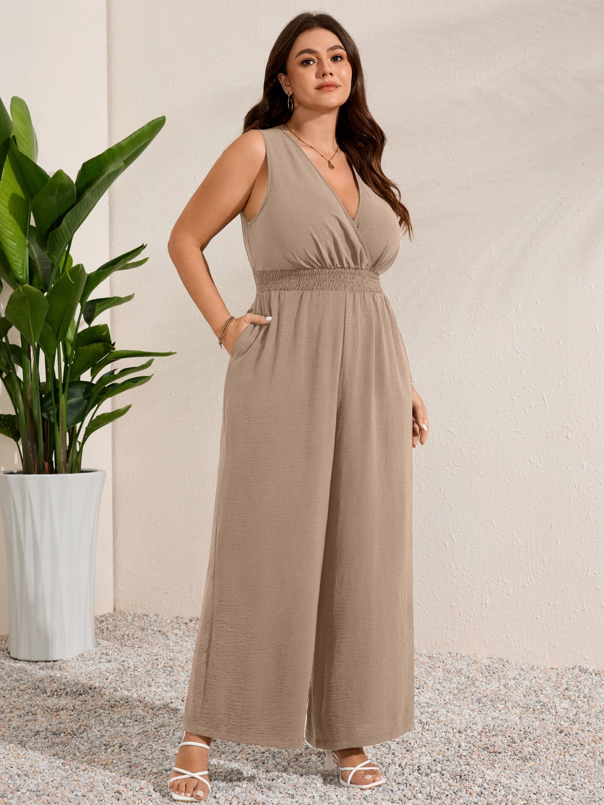 Plus Size Sleeveless V-Neck Wide-Leg Jumpsuit — Khaki gallery image 3