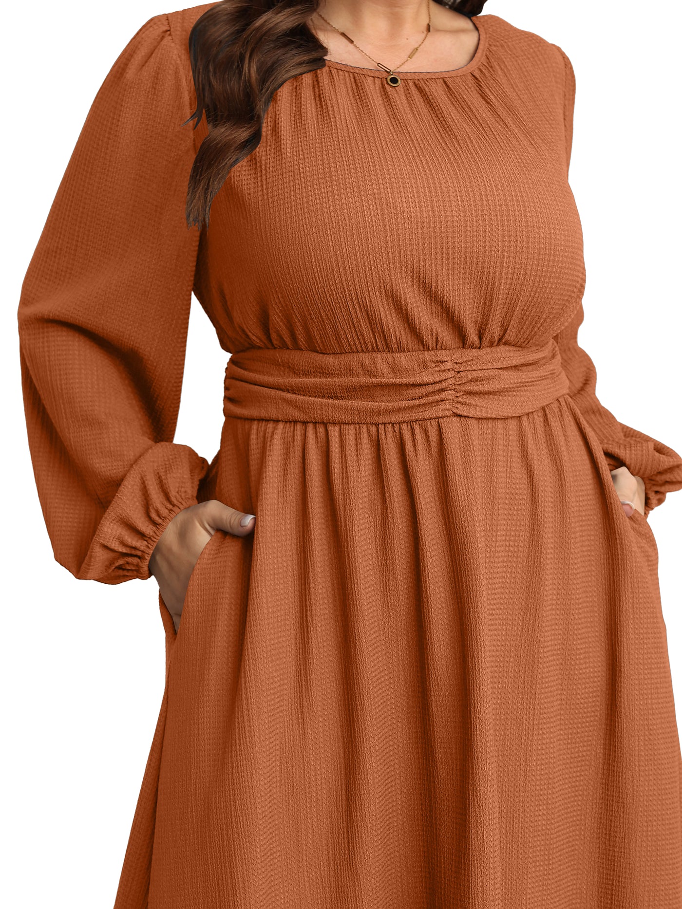 RWJ 6781 Burnt Orange plus size crewneck long sleeve maxi dress front view