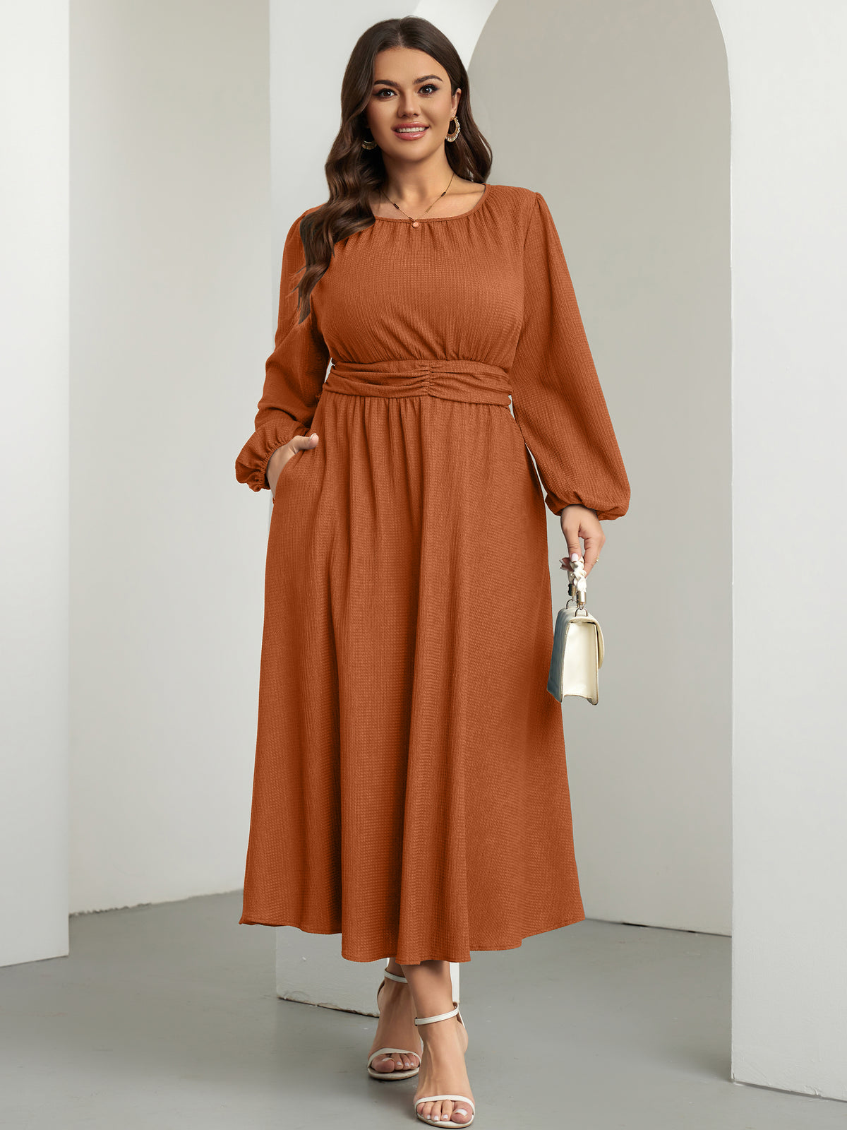 RWJ 6781 Burnt Orange plus size crewneck long sleeve maxi dress side view