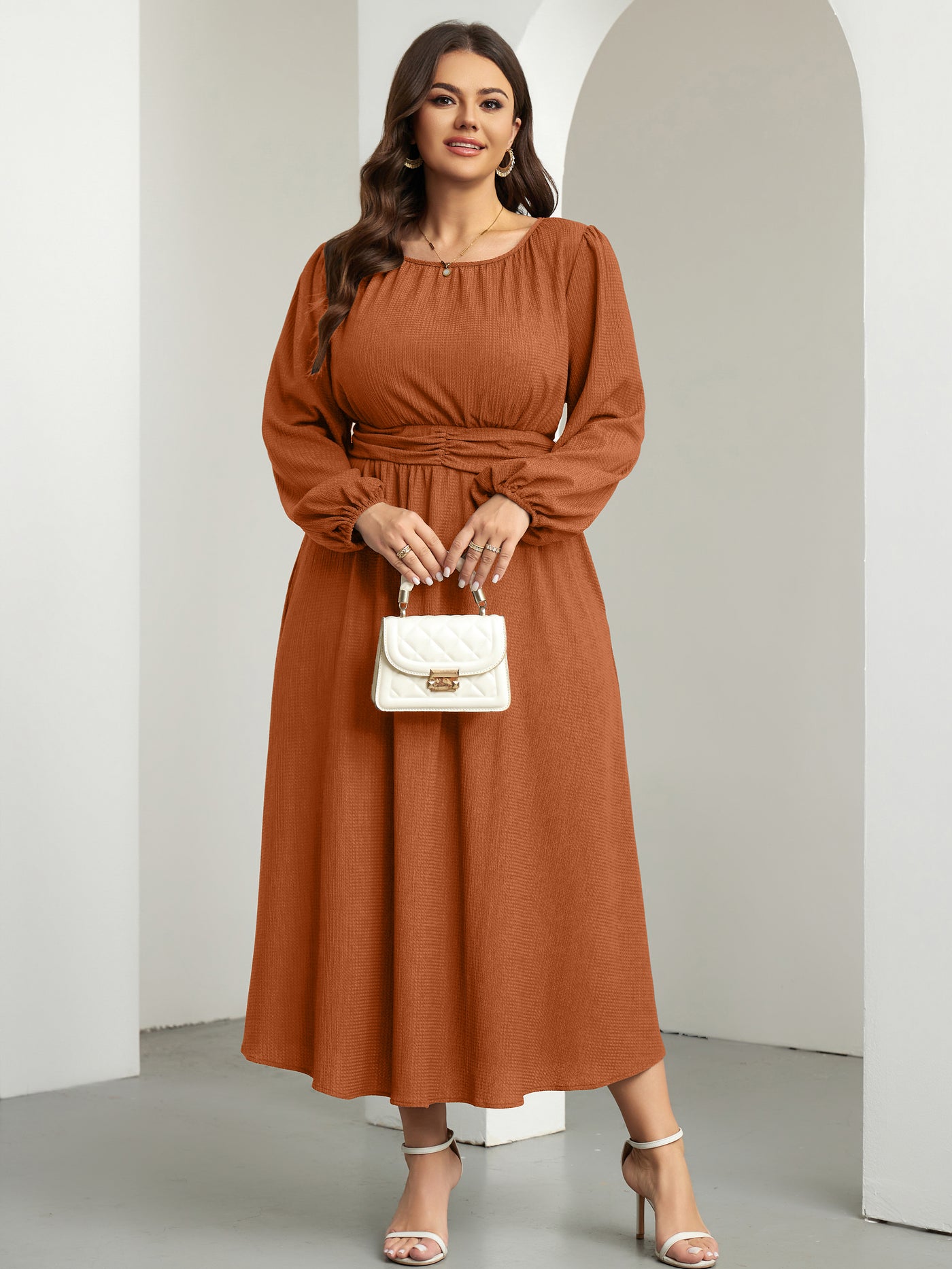RWJ 6781 Burnt Orange plus size crewneck long sleeve maxi dress detail view