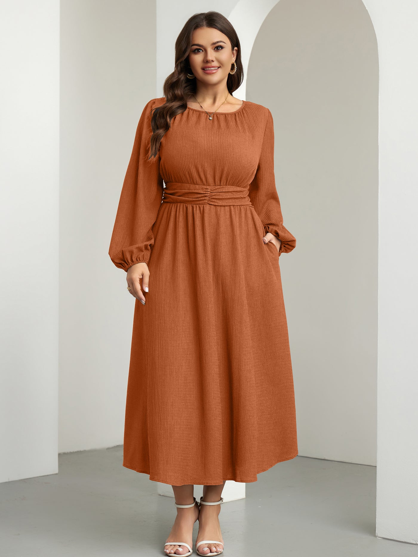 RWJ 6781 Burnt Orange plus size crewneck long sleeve maxi dress back view
