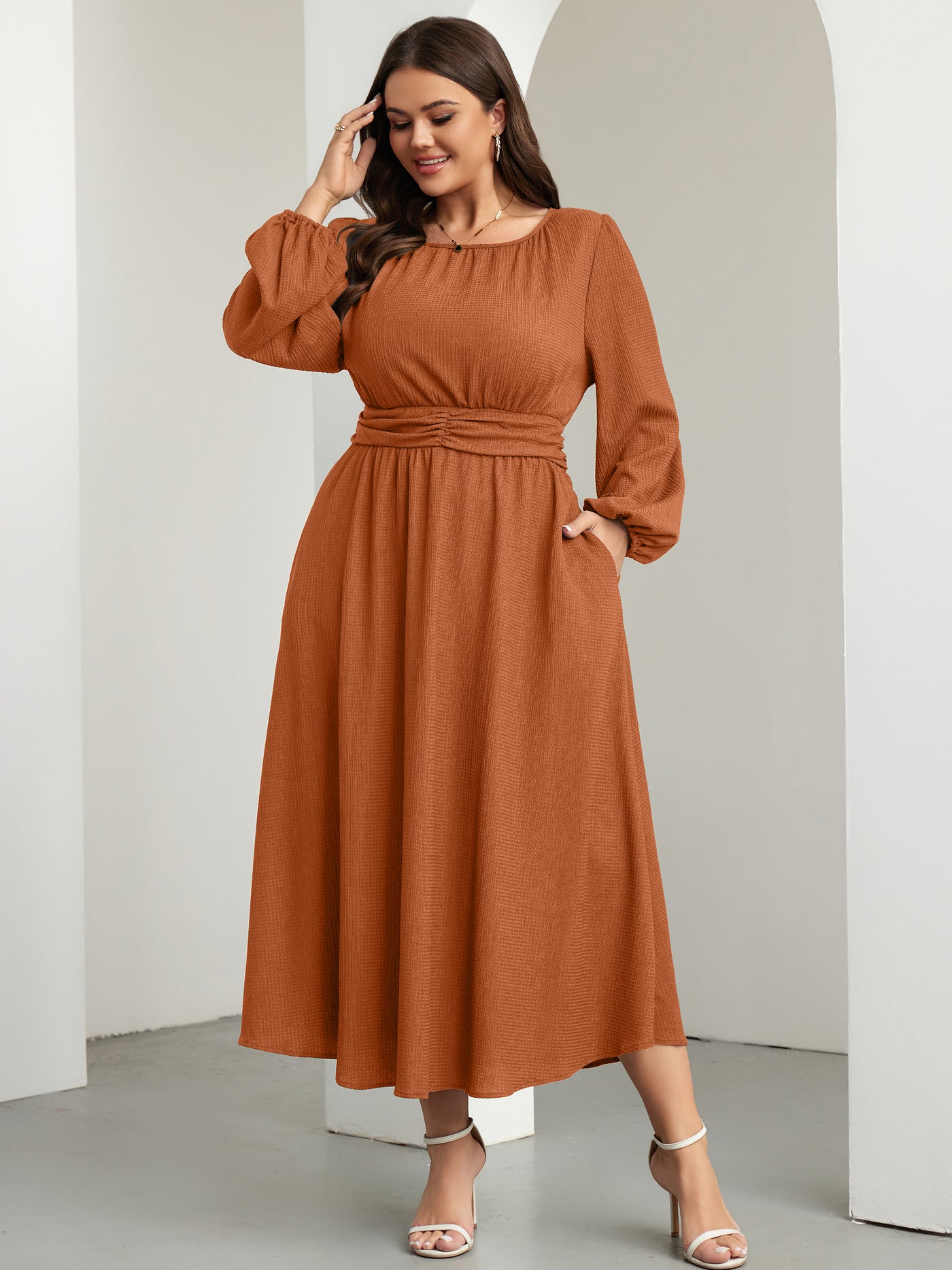 RWJ 6781 Burnt Orange plus size crewneck long sleeve maxi dress movement view