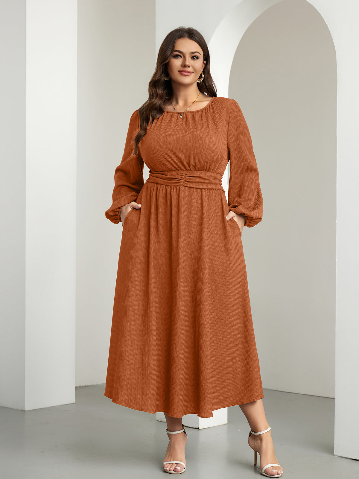 RWJ 6781 Burnt Orange plus size crewneck long sleeve maxi dress lifestyle view