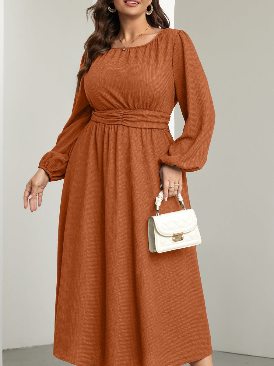 Plus Size Long-Sleeve Crewneck Pocket Maxi Dress — Burnt Orange close-up detail