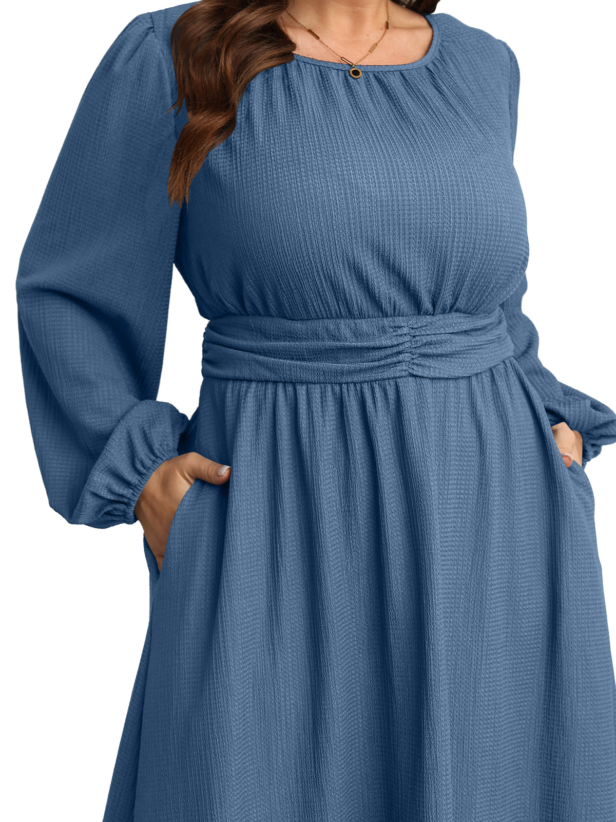 RWJ 6781 Dusty Blue plus size crewneck long sleeve maxi dress front view
