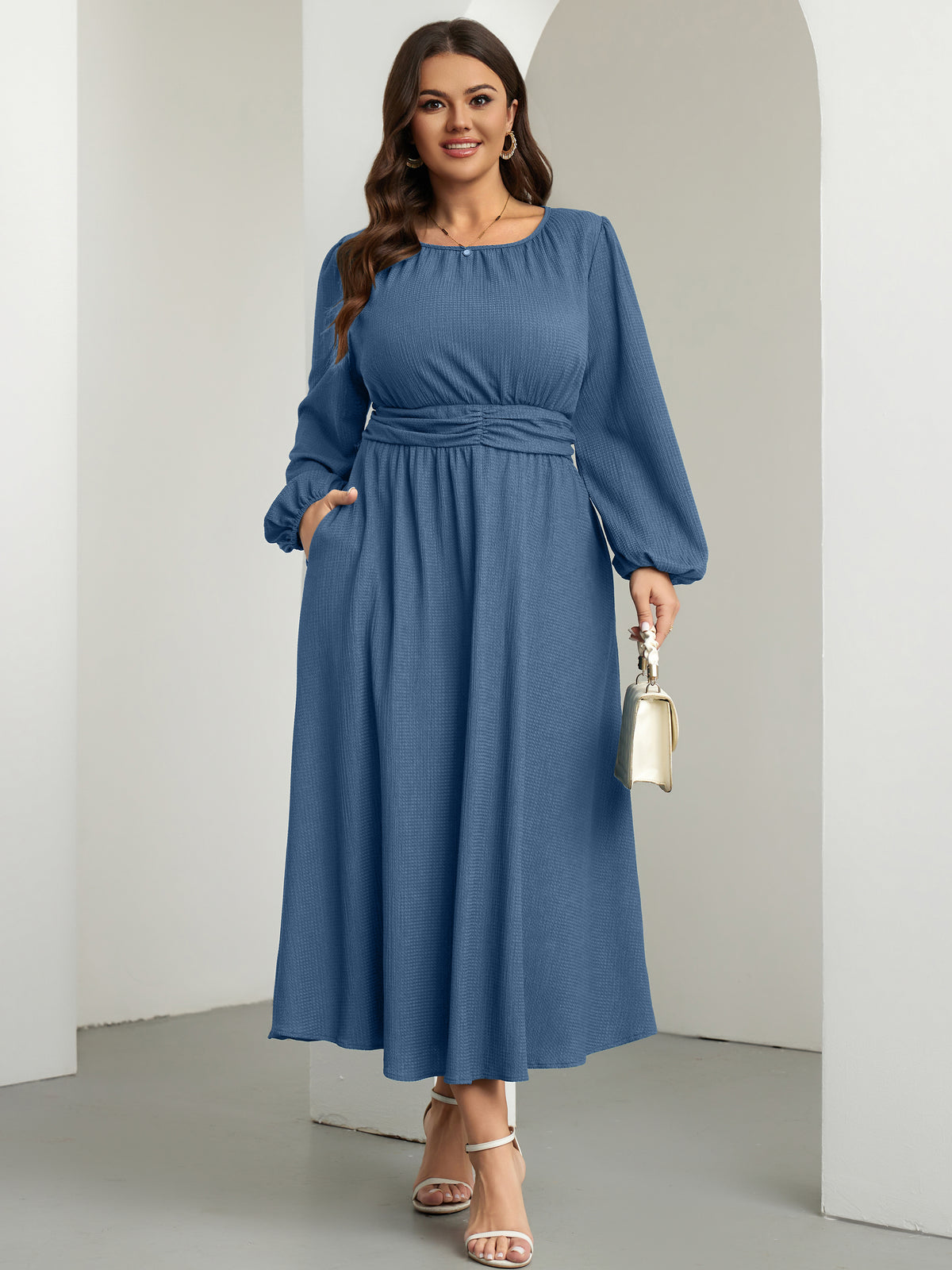 RWJ 6781 Dusty Blue plus size crewneck long sleeve maxi dress side view