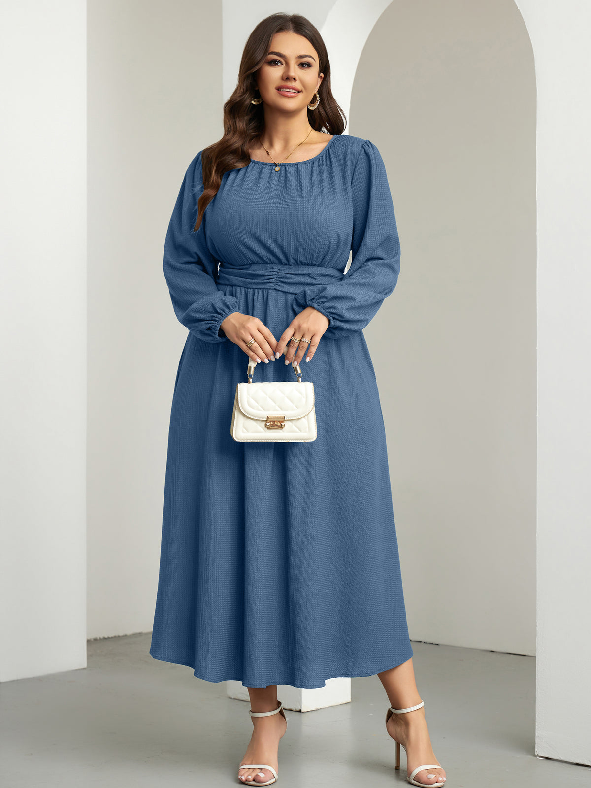 RWJ 6781 Dusty Blue plus size crewneck long sleeve maxi dress detail view