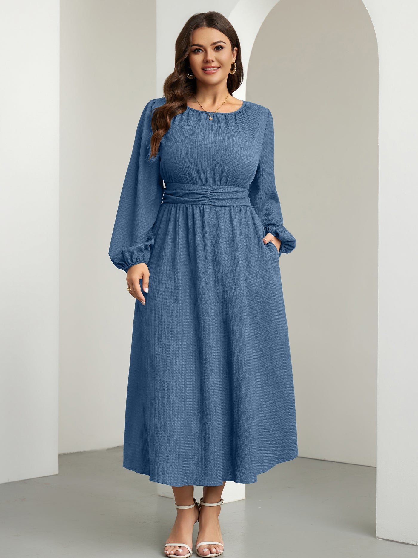 RWJ 6781 Dusty Blue plus size crewneck long sleeve maxi dress back view
