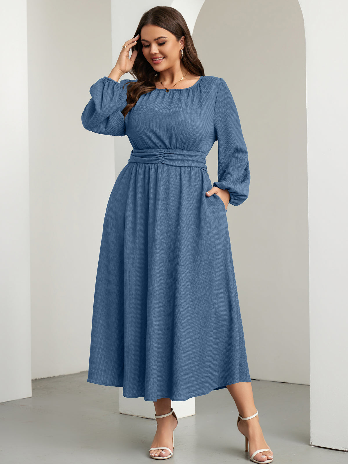 RWJ 6781 Dusty Blue plus size crewneck long sleeve maxi dress movement view