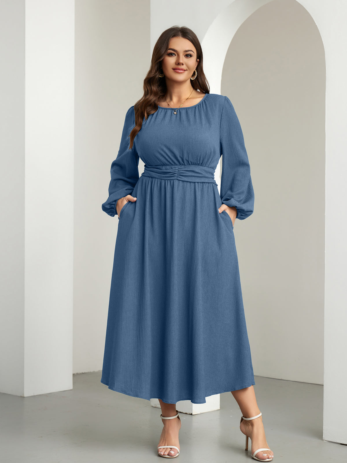 RWJ 6781 Dusty Blue plus size crewneck long sleeve maxi dress lifestyle view