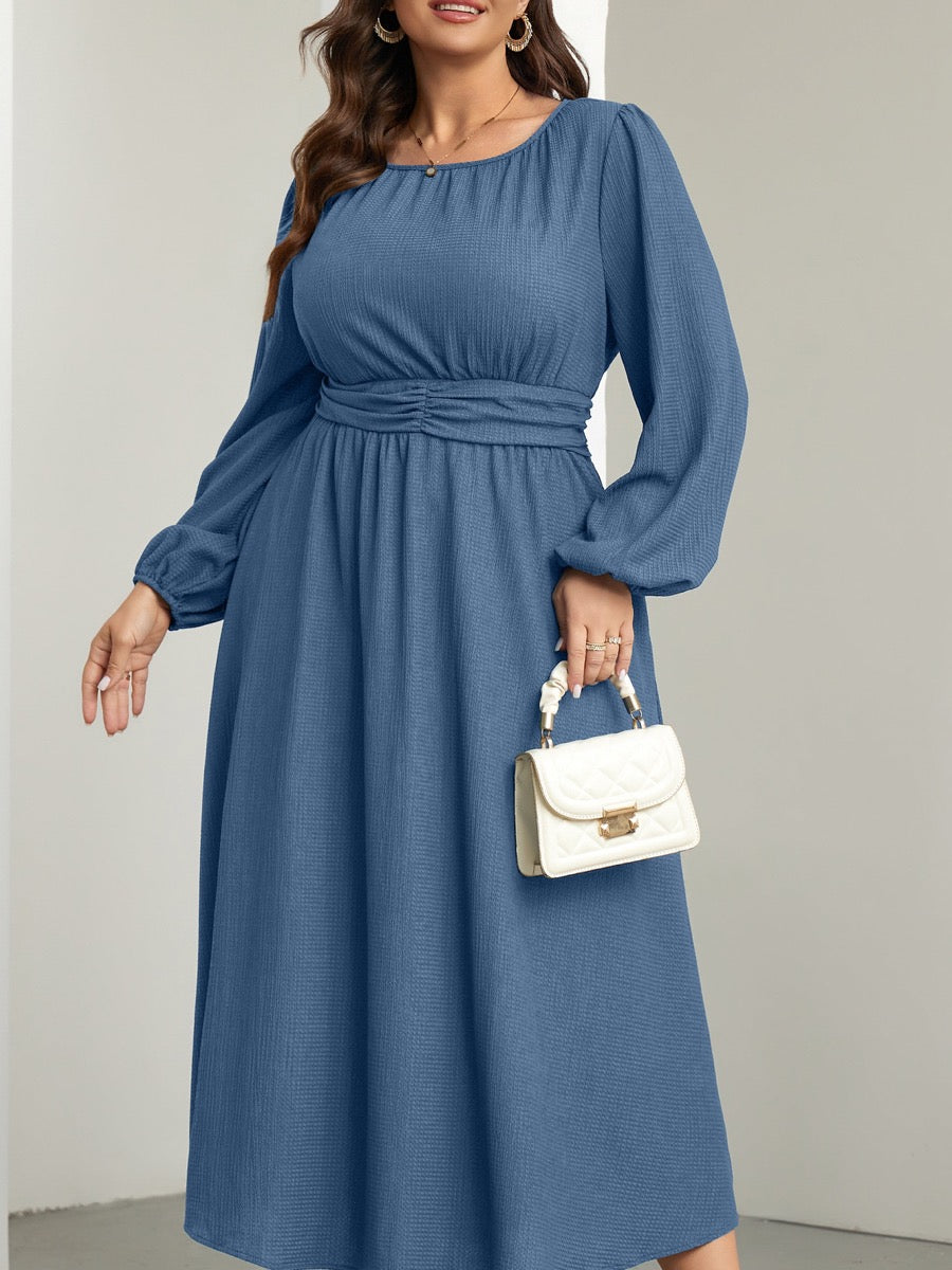 Plus Size Long-Sleeve Crewneck Pocket Maxi Dress — Dusty Blue close-up detail