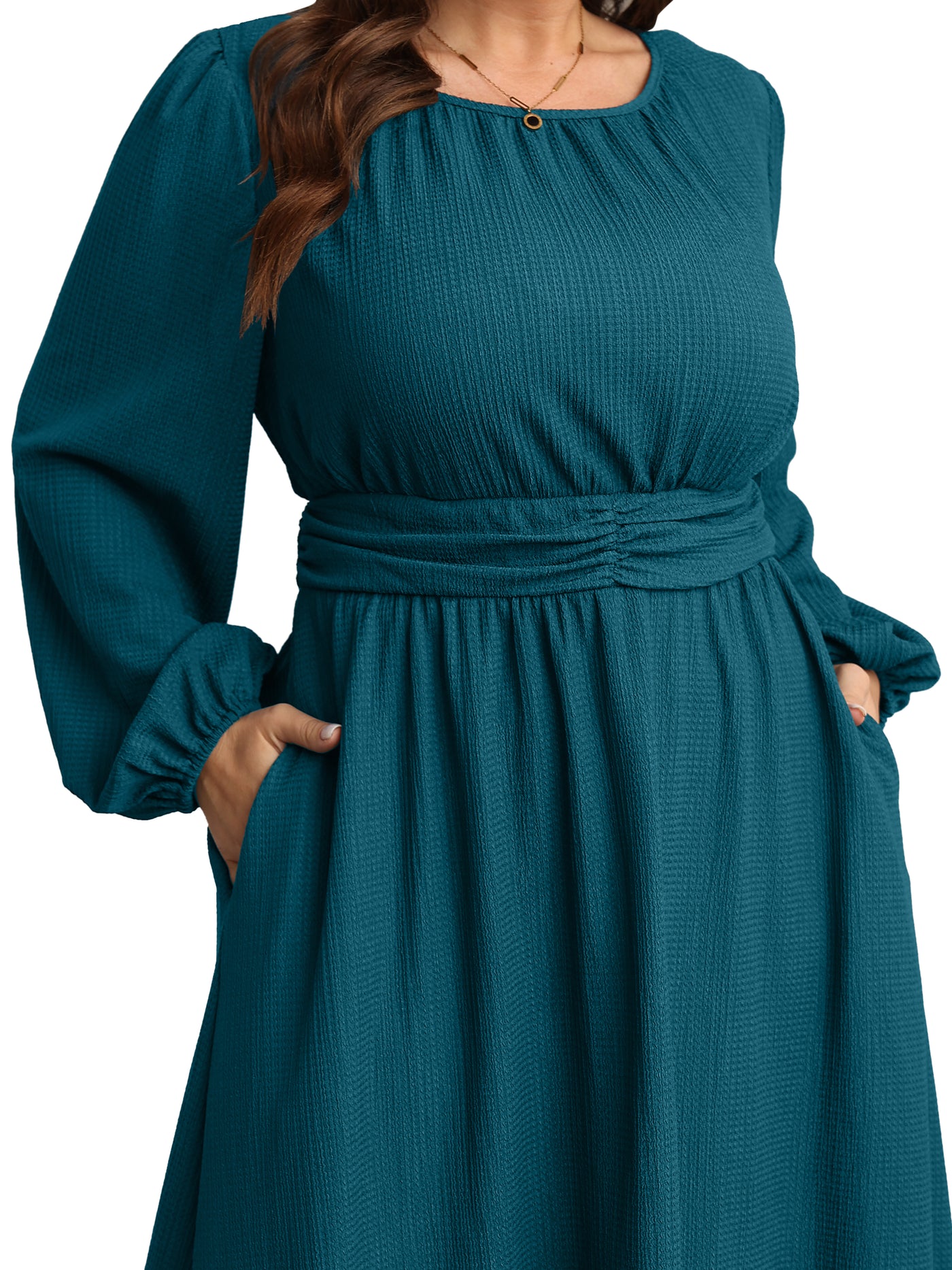 RWJ 6781 Lake Blue plus size crewneck long sleeve maxi dress front view