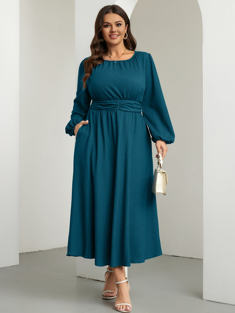 Plus Size Long-Sleeve Crewneck Pocket Maxi Dress — Lake Blue