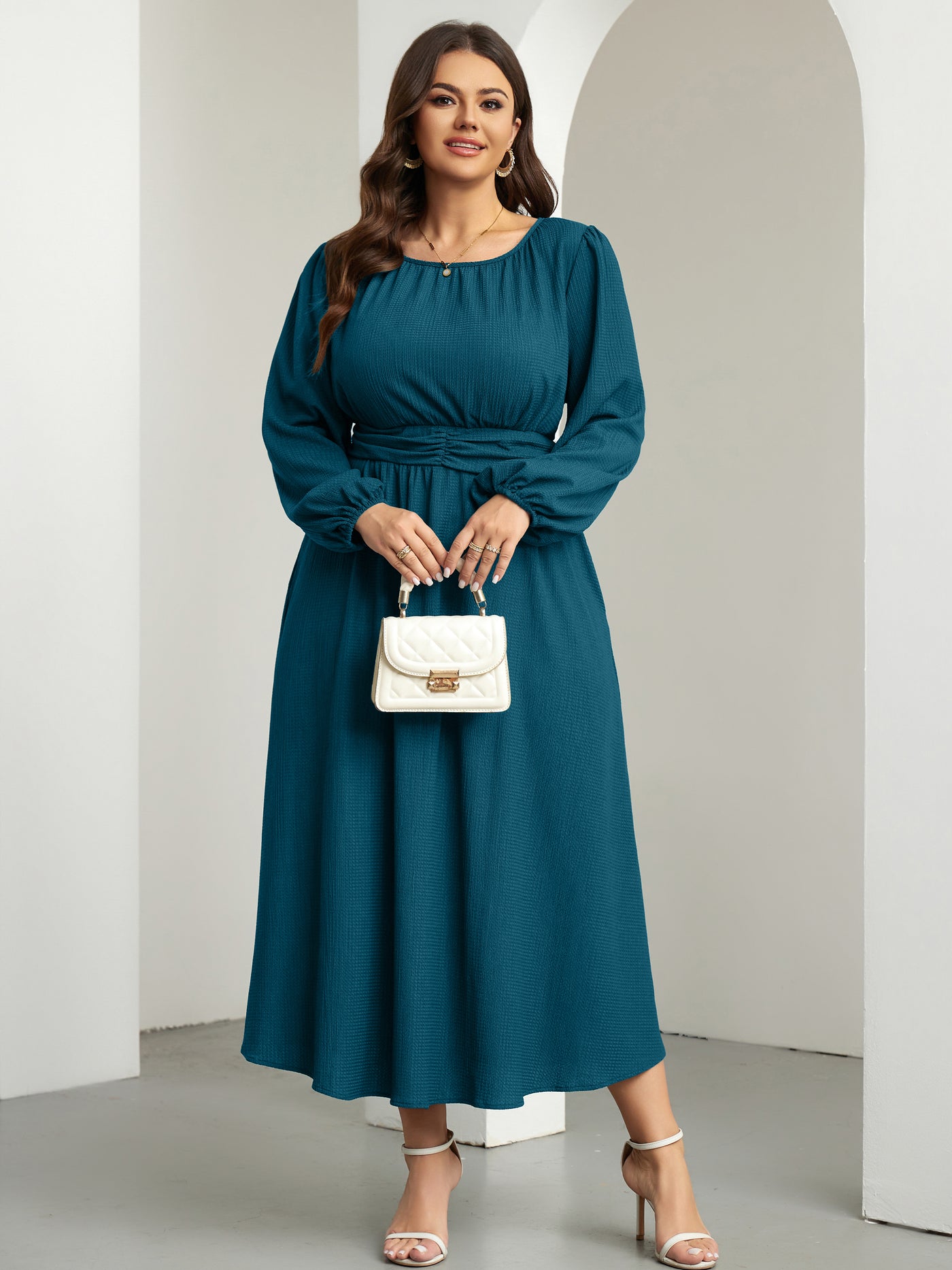 RWJ 6781 Lake Blue plus size crewneck long sleeve maxi dress detail view