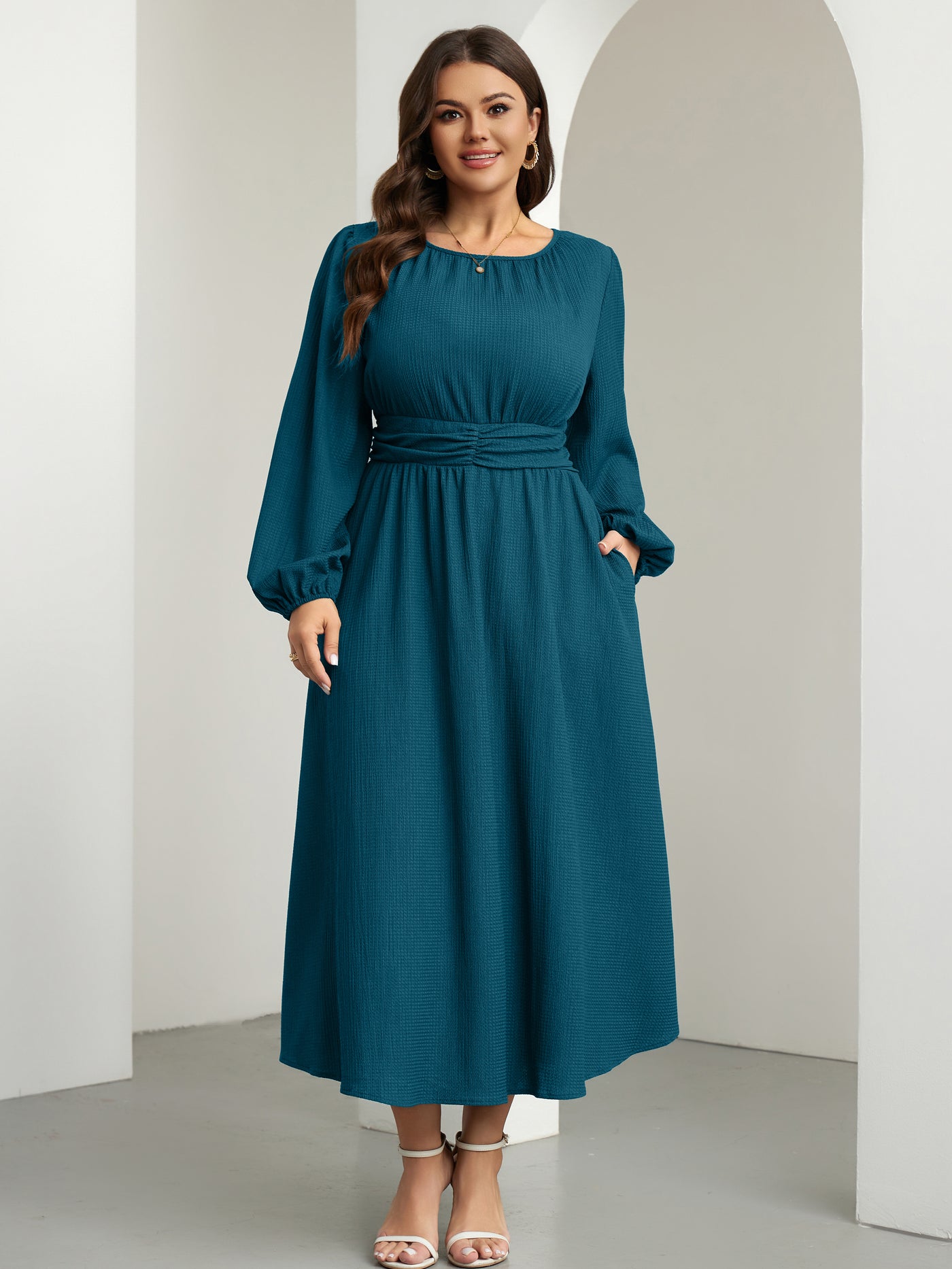 RWJ 6781 Lake Blue plus size crewneck long sleeve maxi dress back view