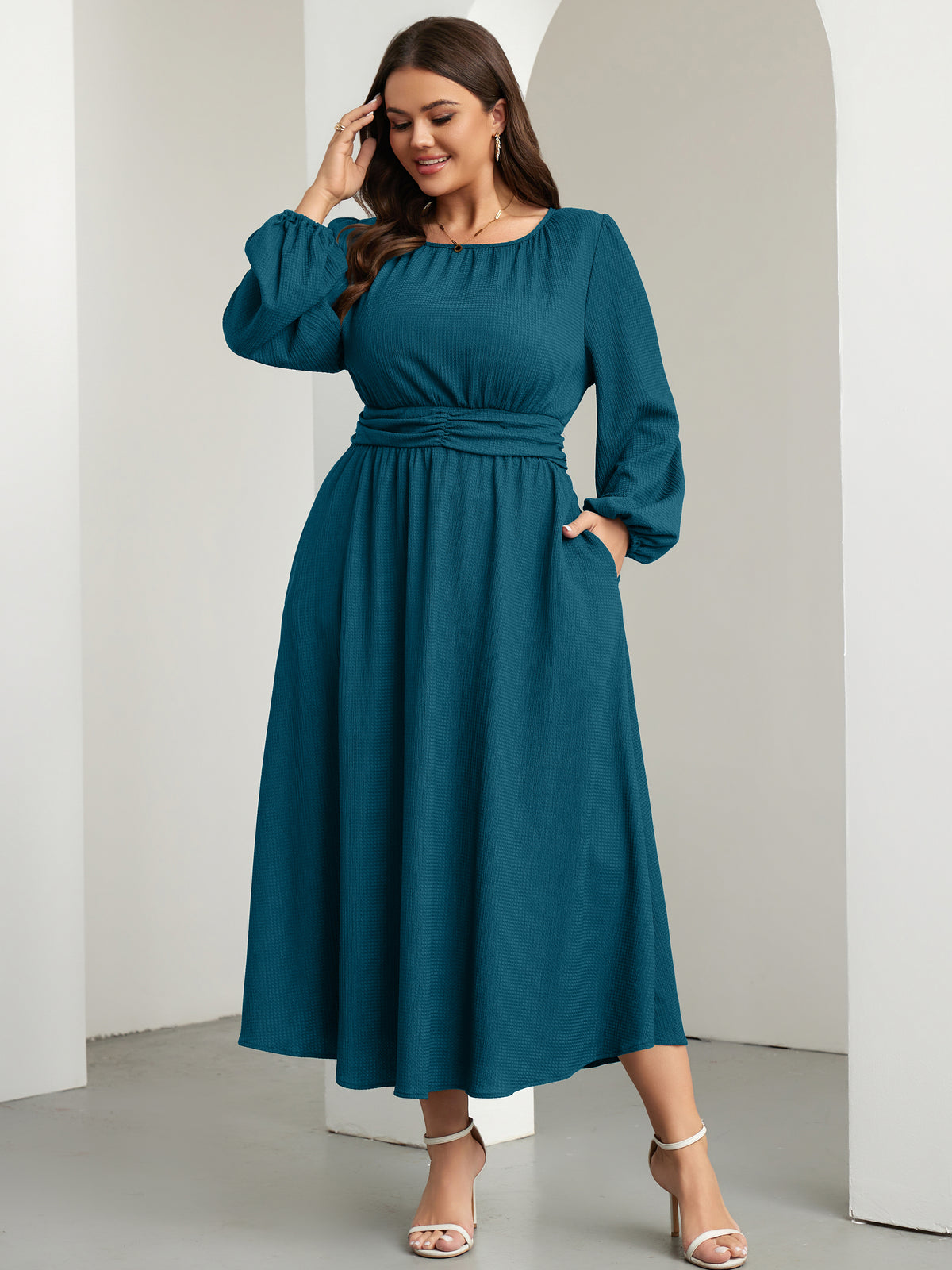 RWJ 6781 Lake Blue plus size crewneck long sleeve maxi dress movement view