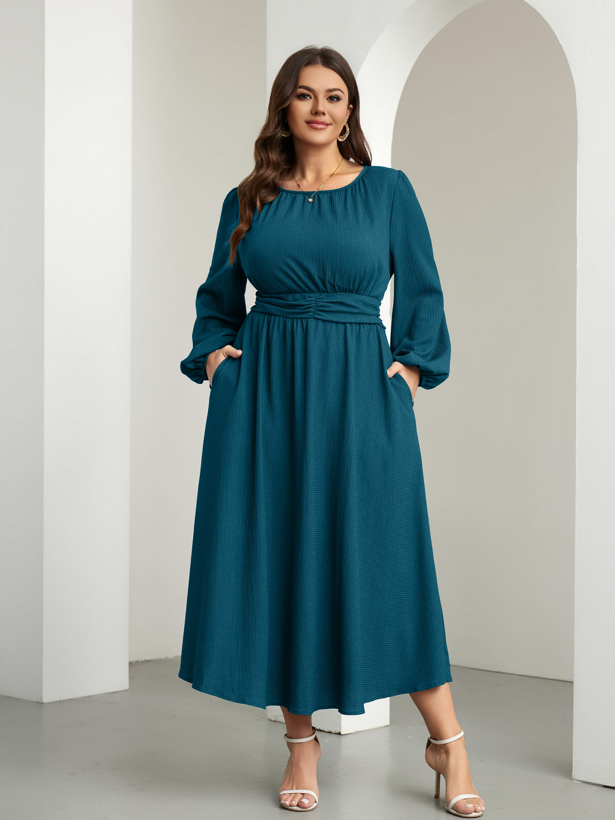 RWJ 6781 Lake Blue plus size crewneck long sleeve maxi dress lifestyle view