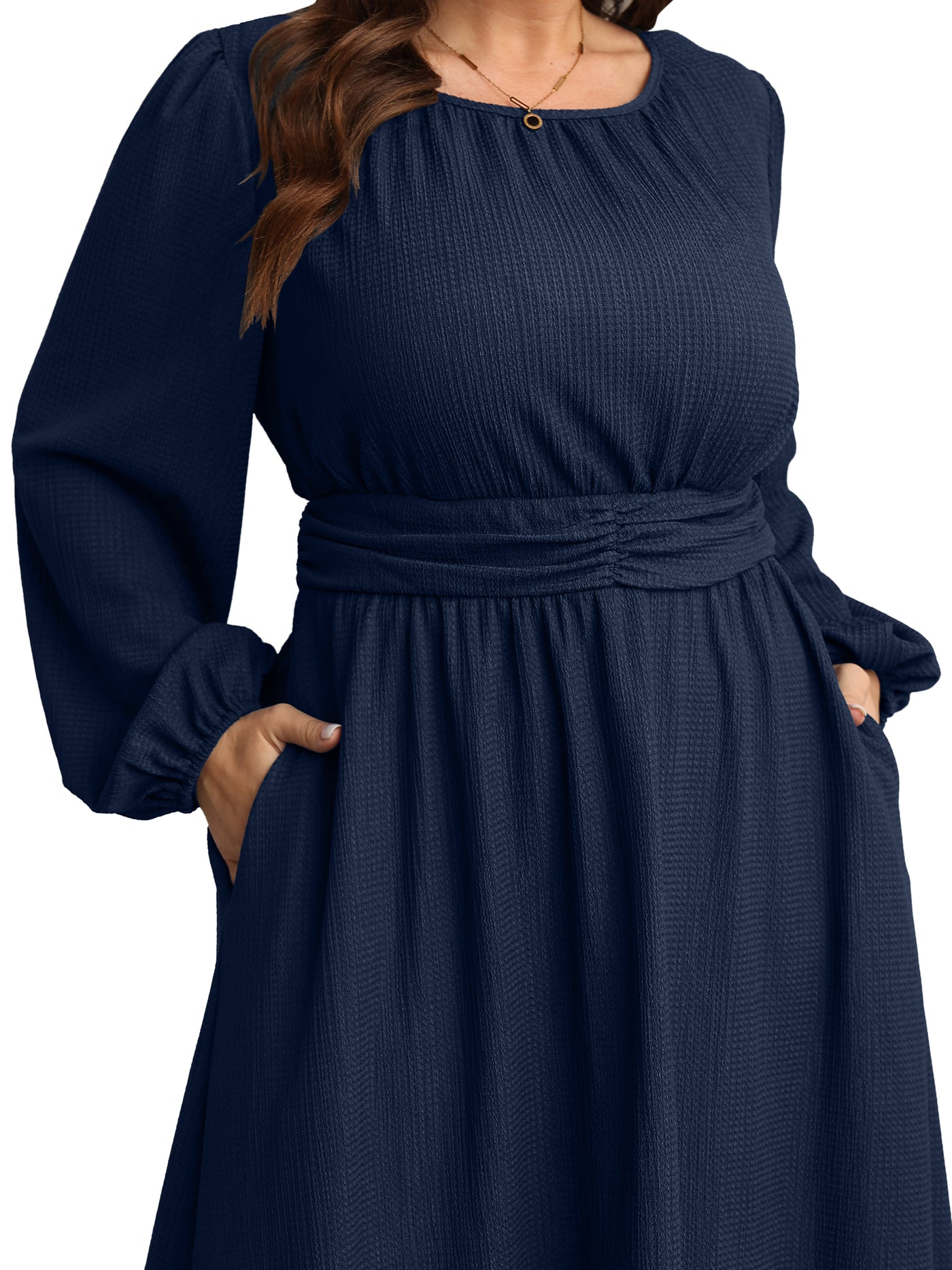 RWJ 6781 Navy Blue plus size crewneck long sleeve maxi dress front view