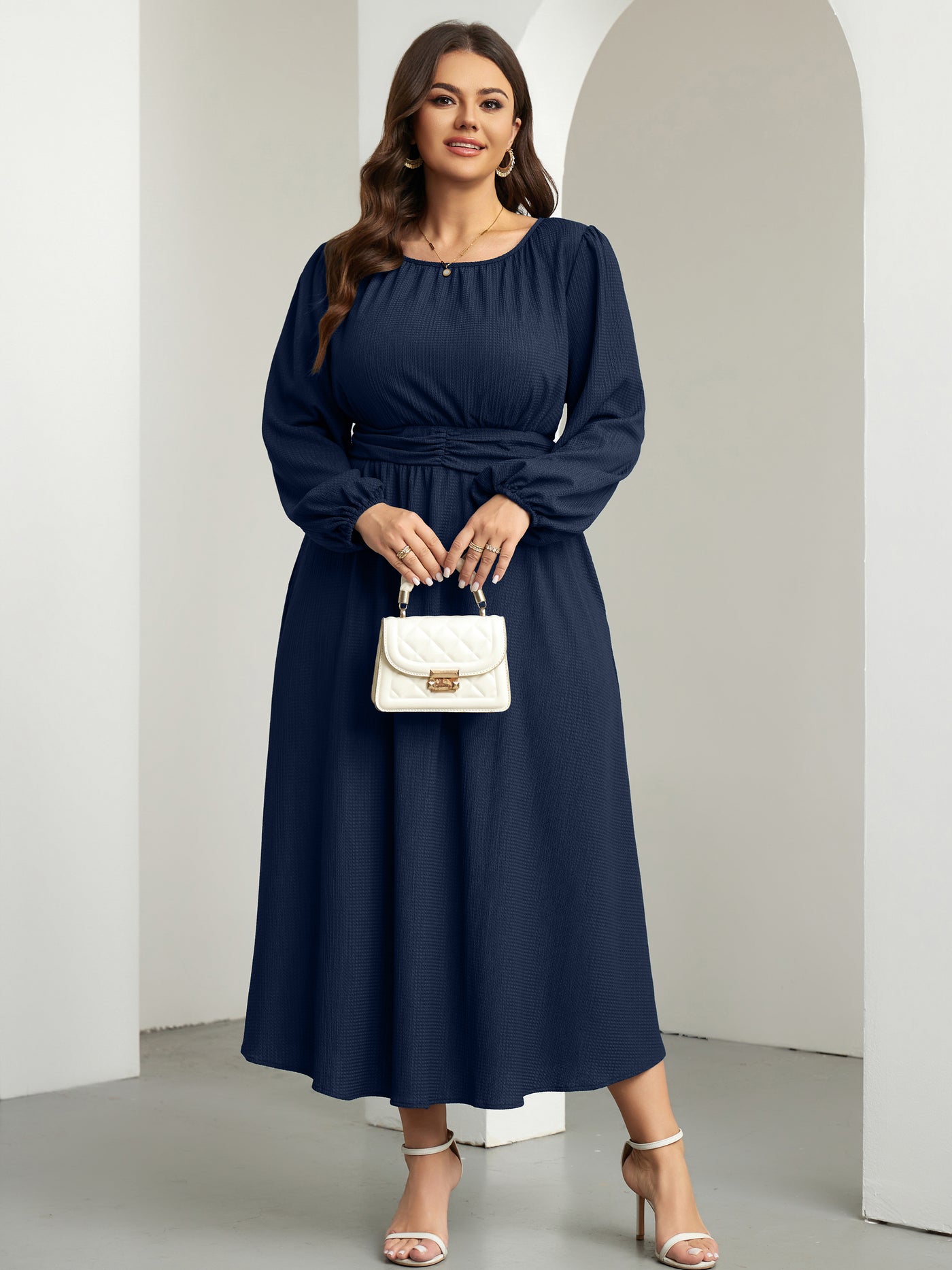 RWJ 6781 Navy Blue plus size crewneck long sleeve maxi dress detail view