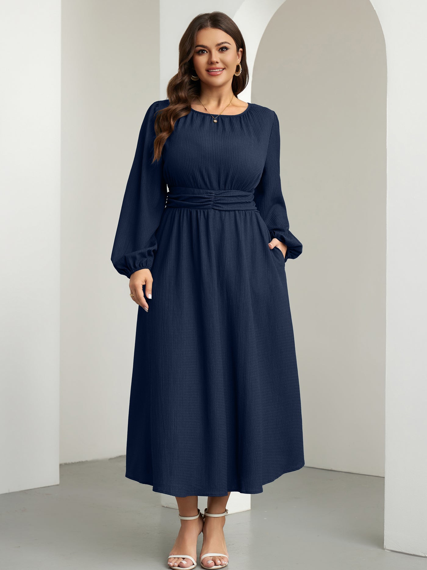 RWJ 6781 Navy Blue plus size crewneck long sleeve maxi dress back view