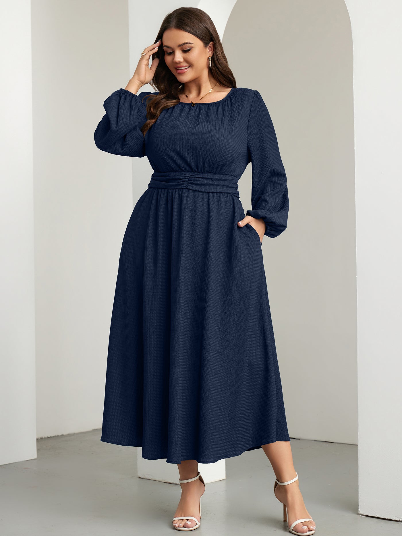 RWJ 6781 Navy Blue plus size crewneck long sleeve maxi dress movement view