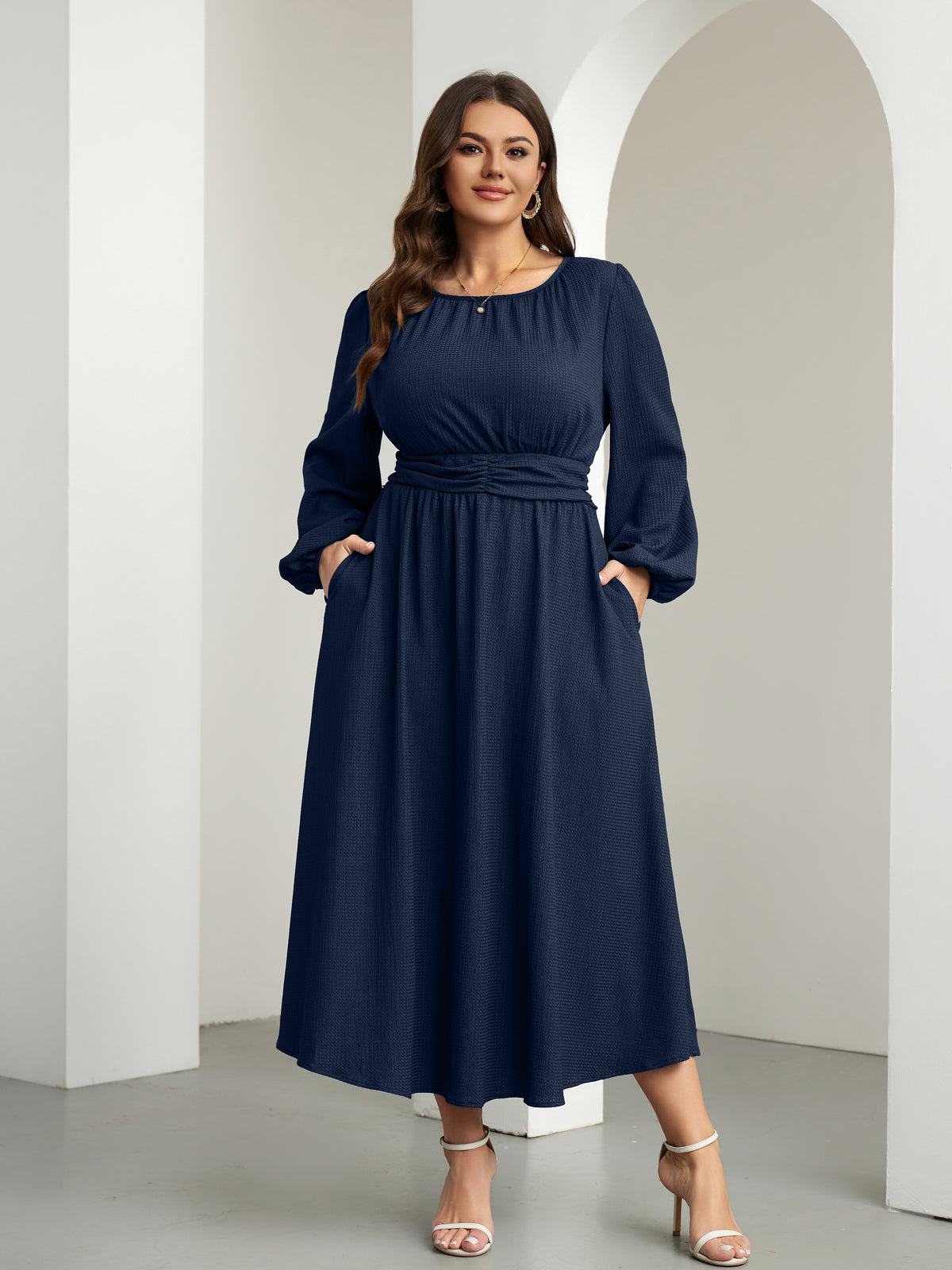 RWJ 6781 Navy Blue plus size crewneck long sleeve maxi dress lifestyle view