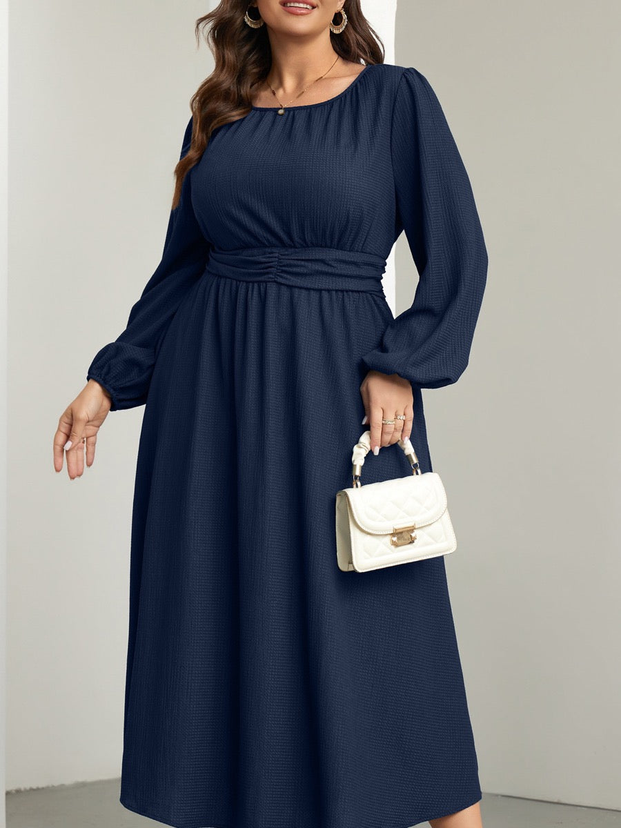 Plus Size Long-Sleeve Crewneck Pocket Maxi Dress — Navy Blue close-up detail