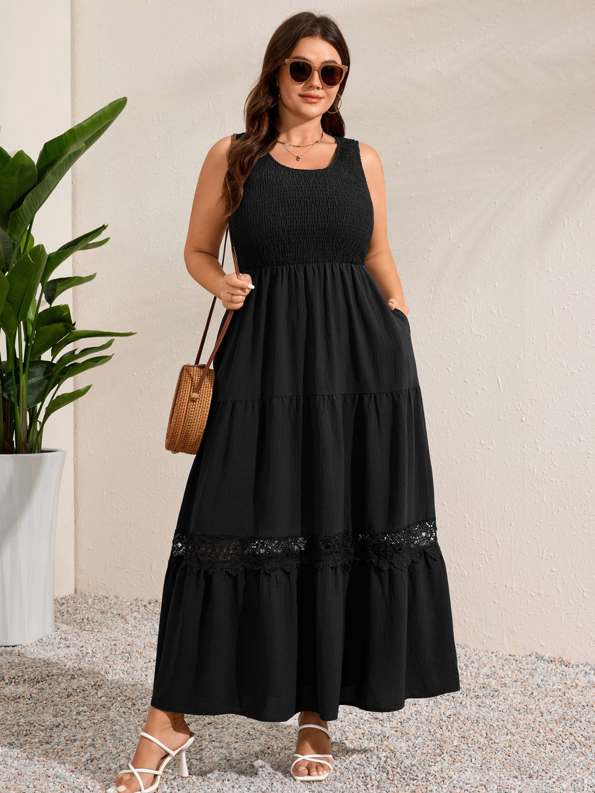 Plus Size Solid Smocked-Bodice Maxi Dress — Black gallery image 1