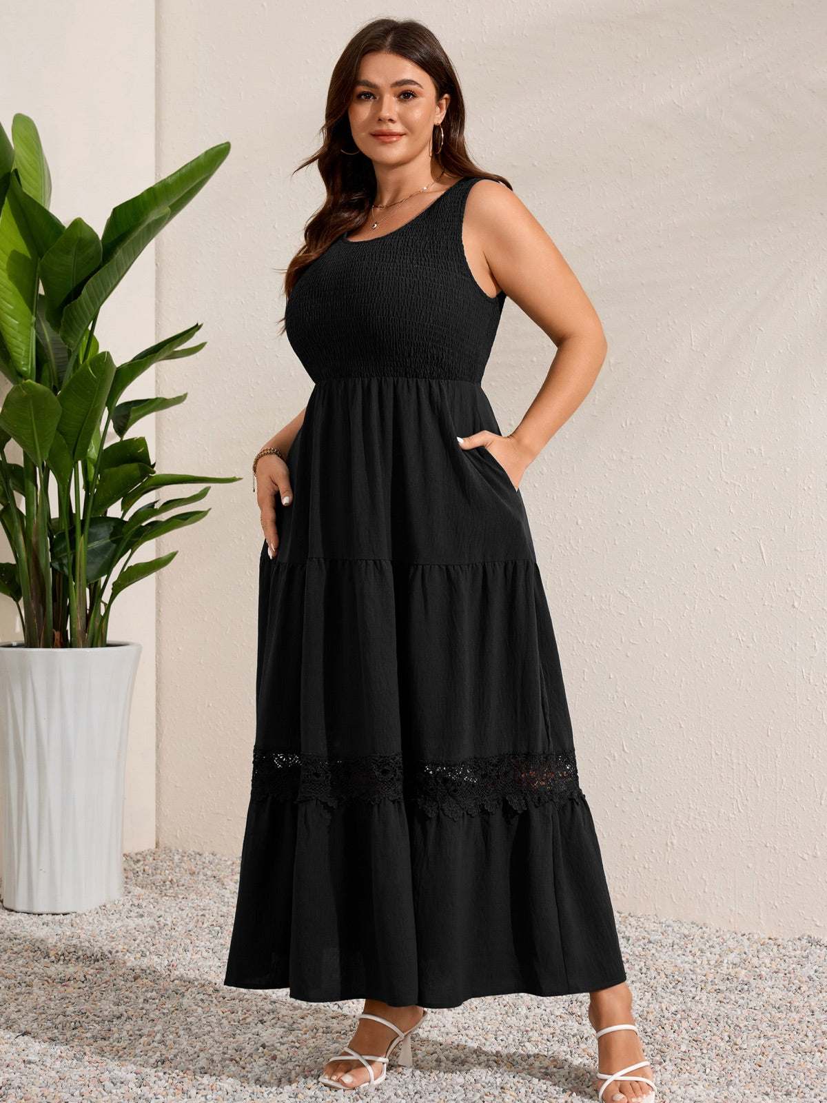 Plus Size Solid Smocked-Bodice Maxi Dress — Black gallery image 4