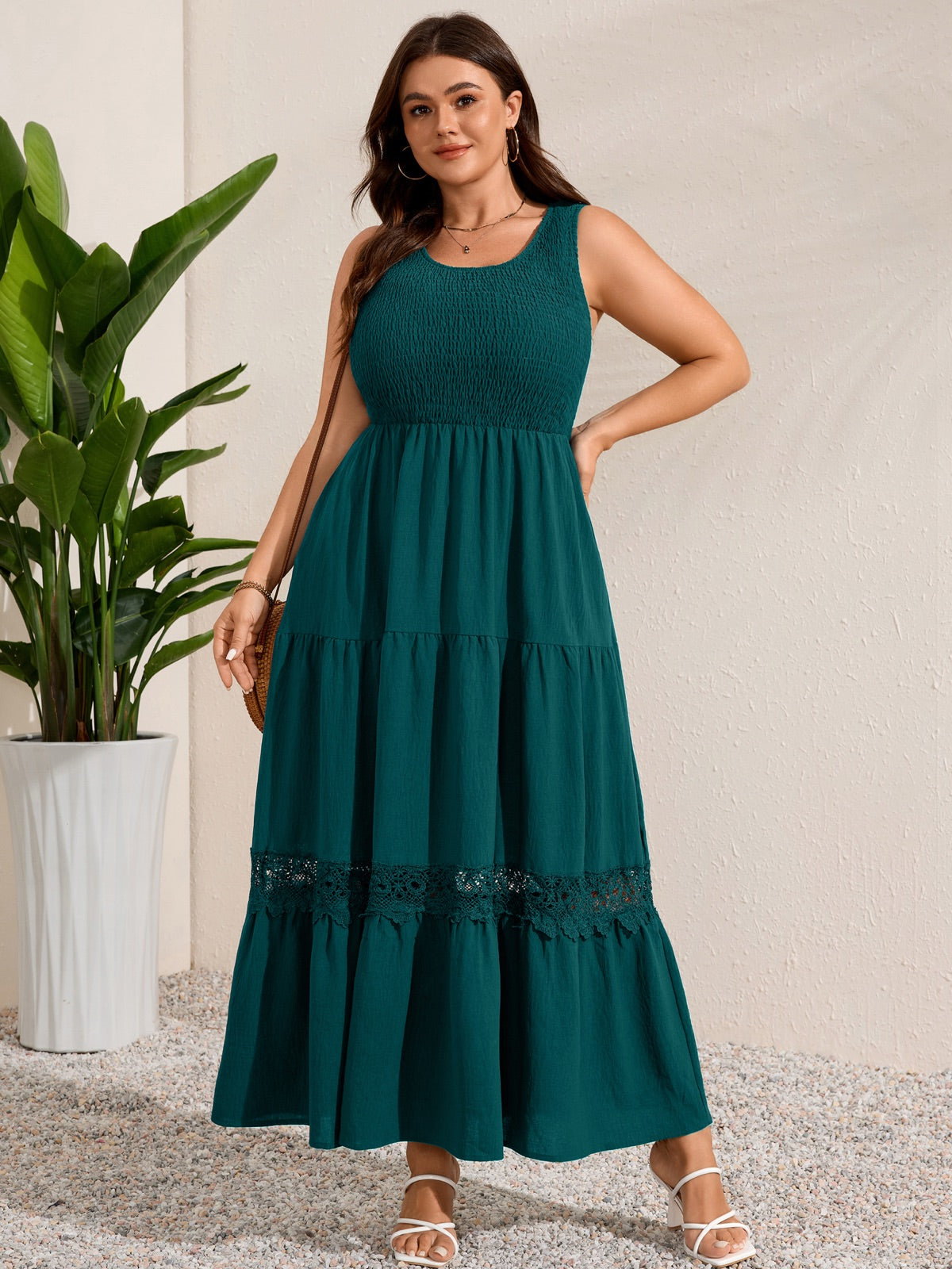 Plus Size Solid Smocked-Bodice Maxi Dress — Blue Green gallery image 3