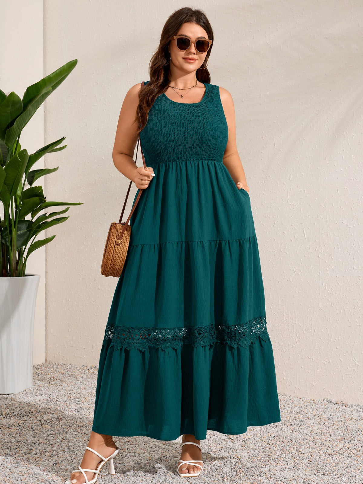 Plus Size Solid Smocked-Bodice Maxi Dress — Blue Green gallery image 1