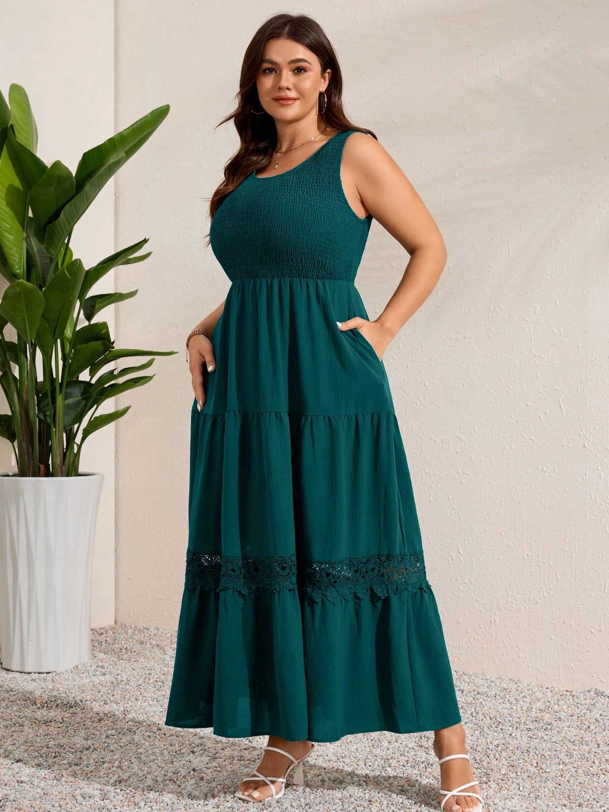 Plus Size Solid Smocked-Bodice Maxi Dress — Blue Green gallery image 4