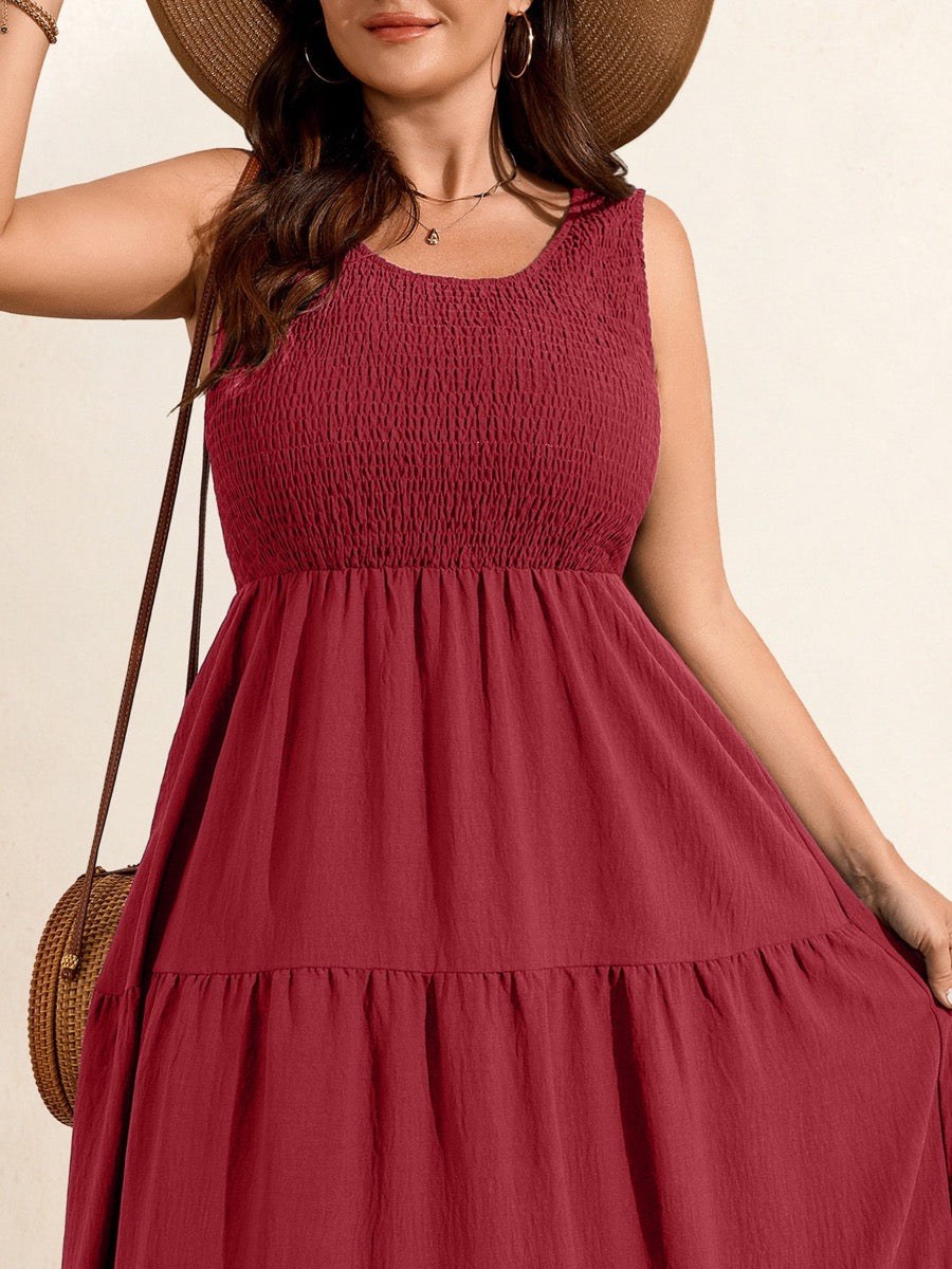 Plus Size Solid Smocked-Bodice Maxi Dress — Burgundy close-up detail