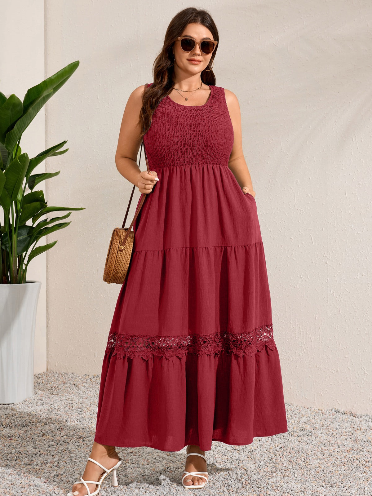 Plus Size Solid Smocked-Bodice Maxi Dress — Burgundy gallery image 1