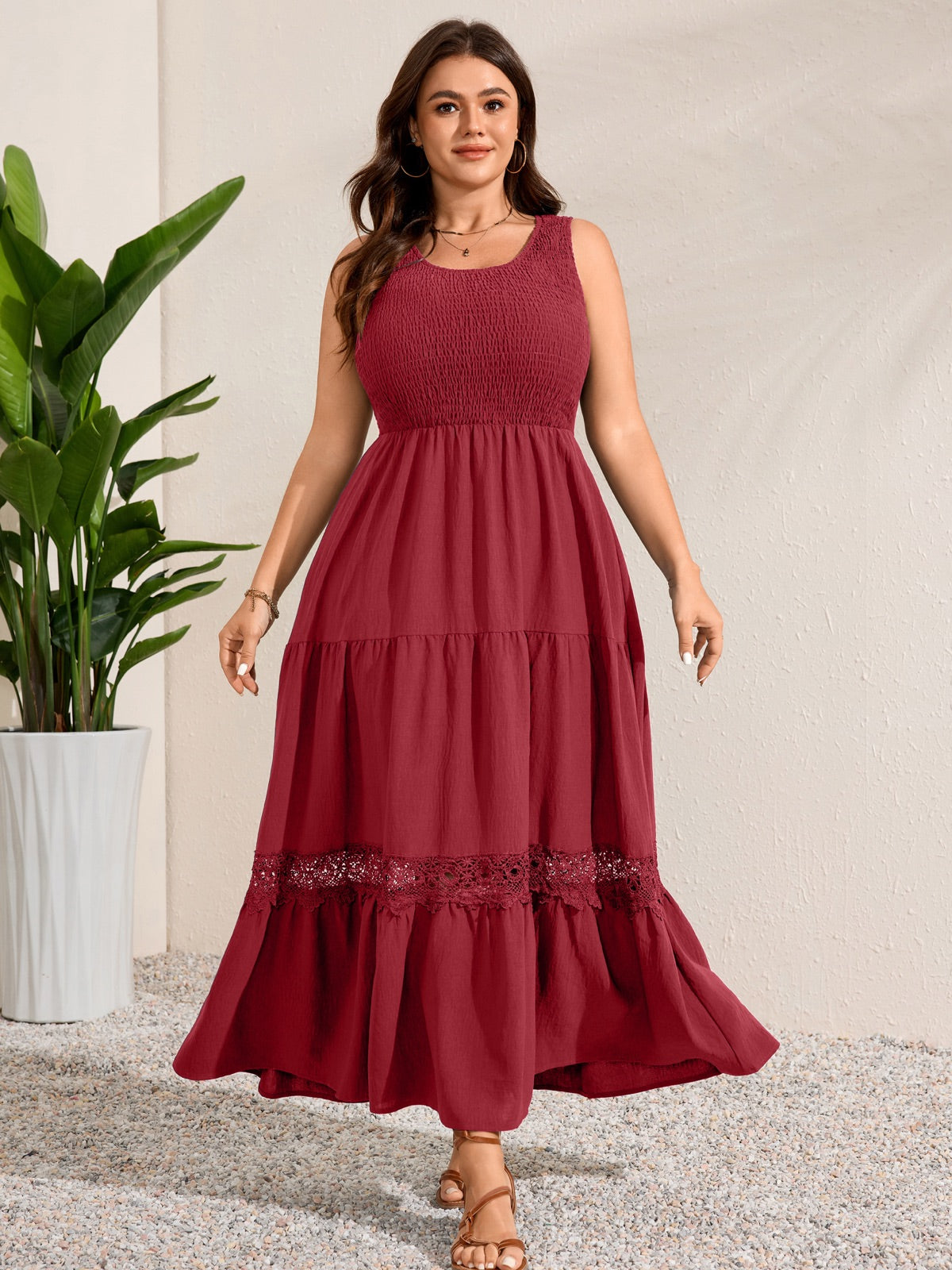Plus Size Solid Smocked-Bodice Maxi Dress — Burgundy gallery image 2