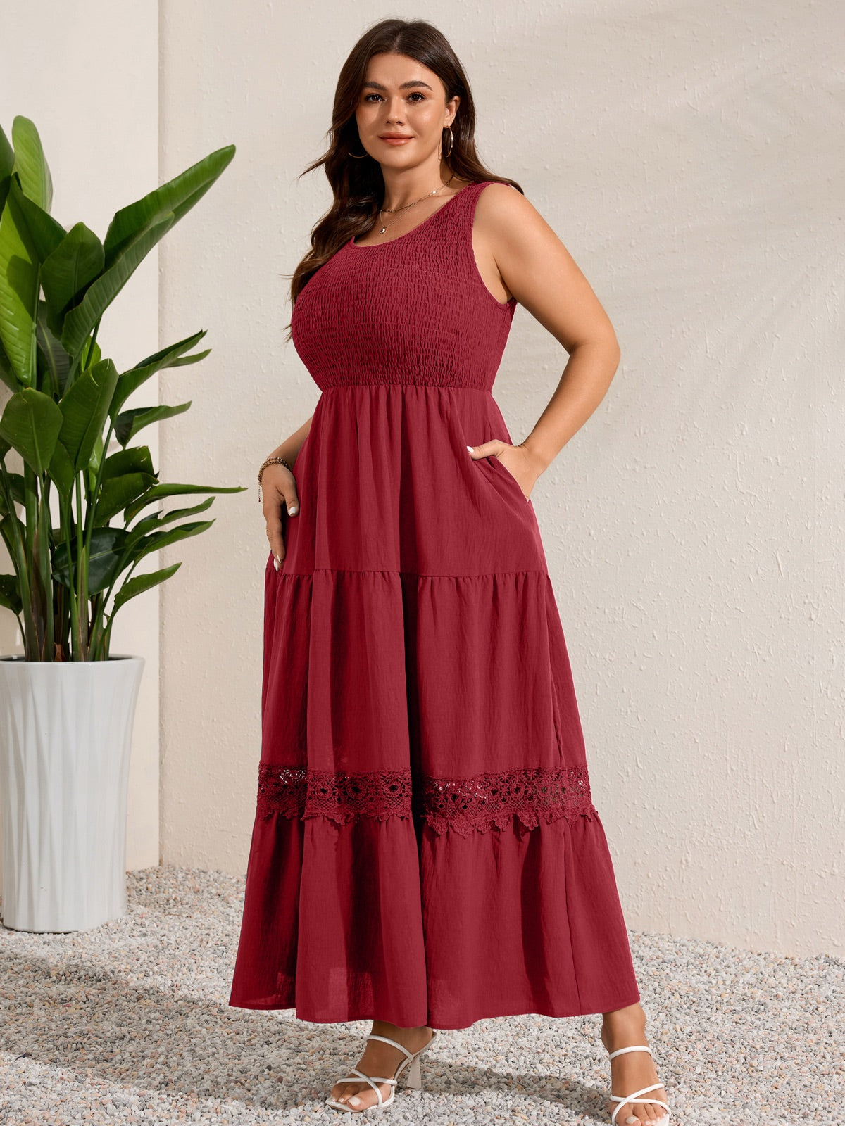 Plus Size Solid Smocked-Bodice Maxi Dress — Burgundy gallery image 4