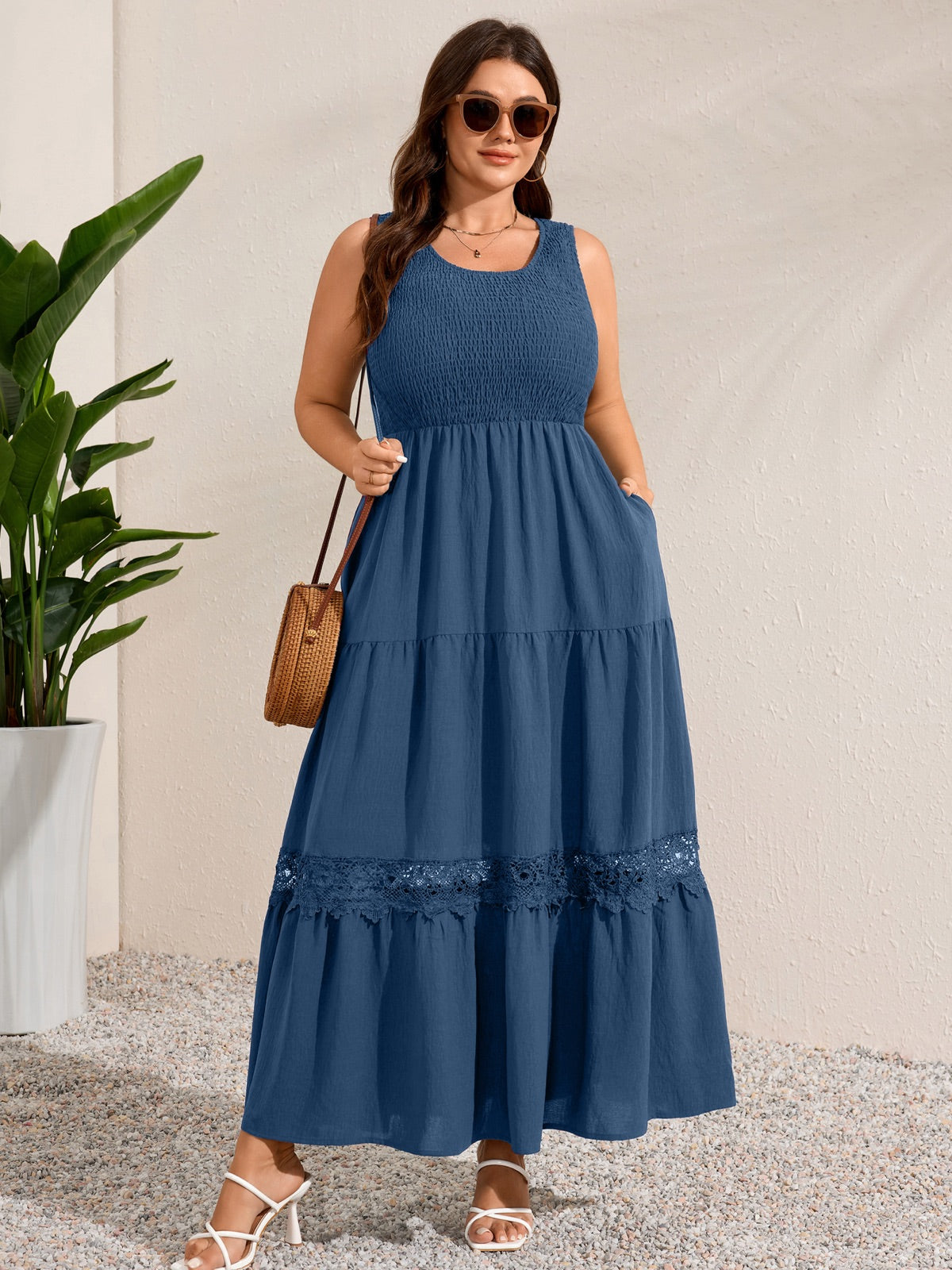 Plus Size Solid Smocked-Bodice Maxi Dress — Dusty Blue gallery image 1