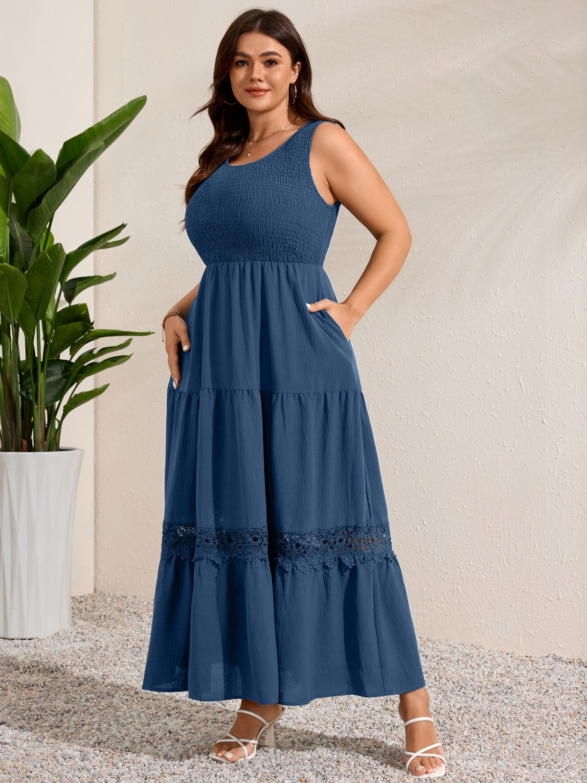 Plus Size Solid Smocked-Bodice Maxi Dress — Dusty Blue gallery image 3