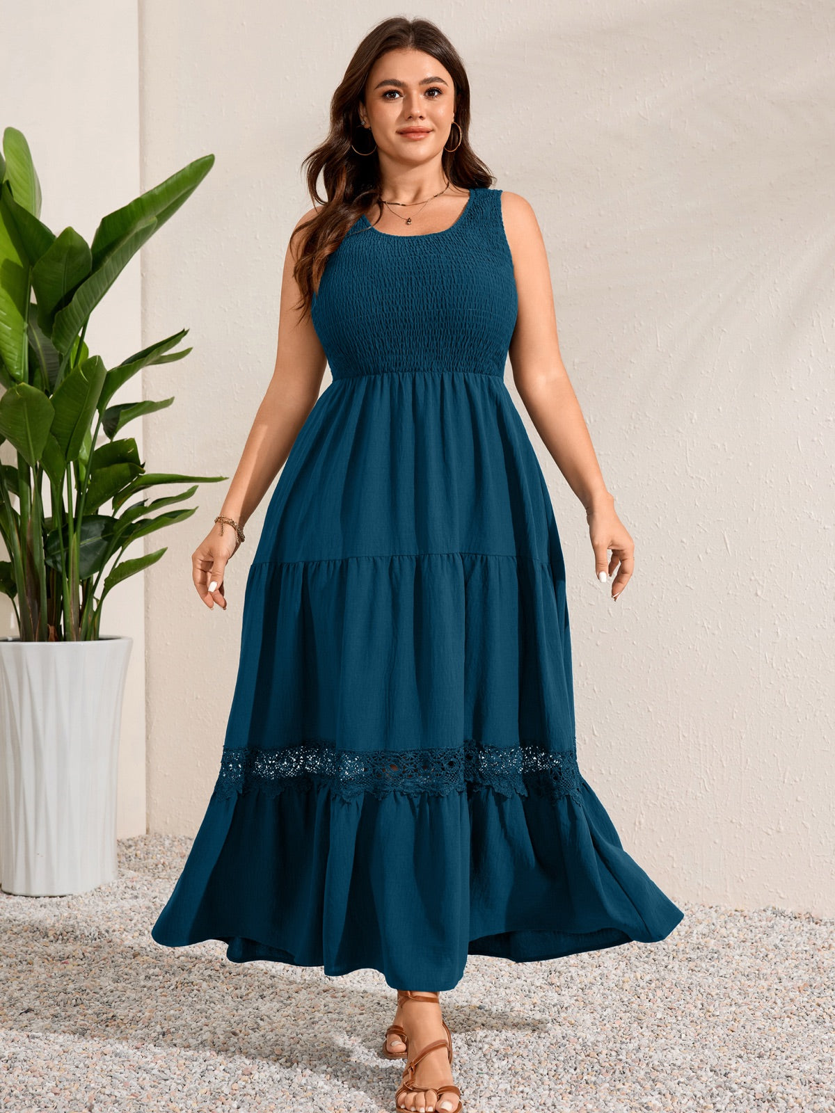 Plus Size Solid Smocked-Bodice Maxi Dress — Lake Blue gallery image 2