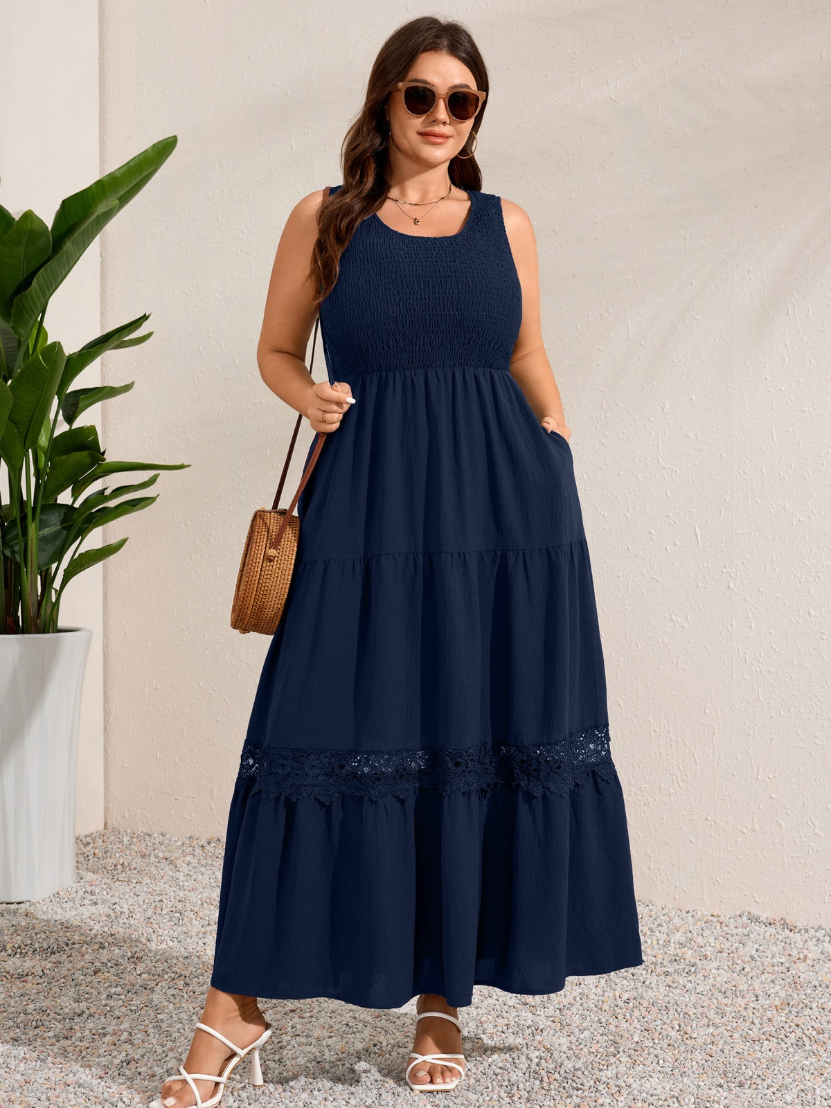 Plus Size Solid Smocked-Bodice Maxi Dress — Navy Blue gallery image 1