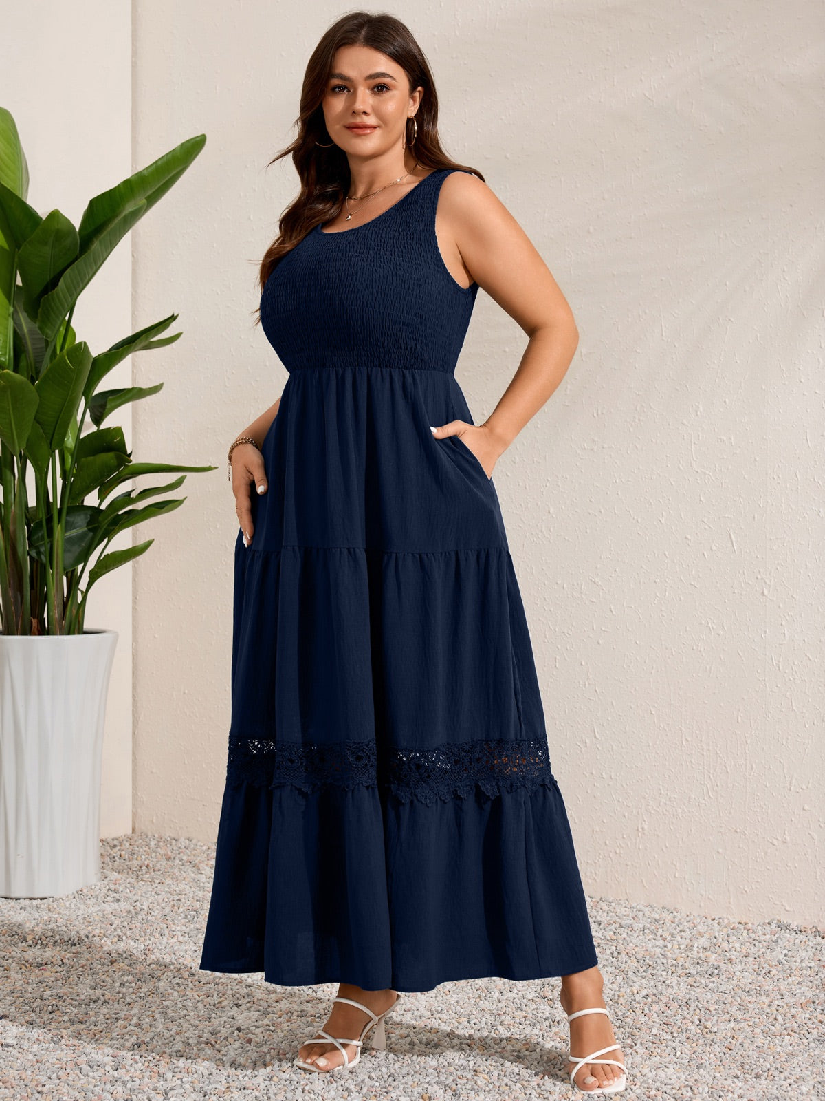 Plus Size Solid Smocked-Bodice Maxi Dress — Navy Blue gallery image 3