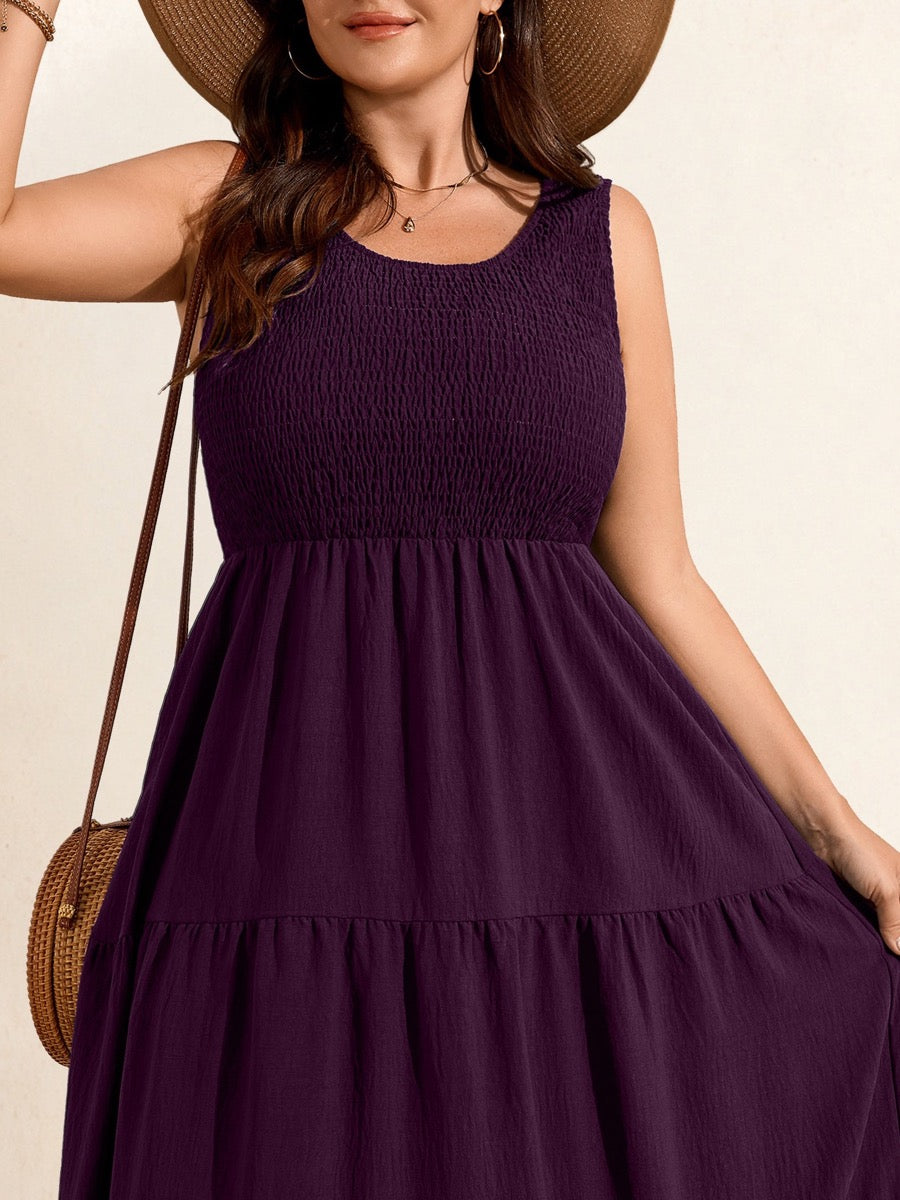 Plus Size Solid Smocked-Bodice Maxi Dress — Purple close-up detail