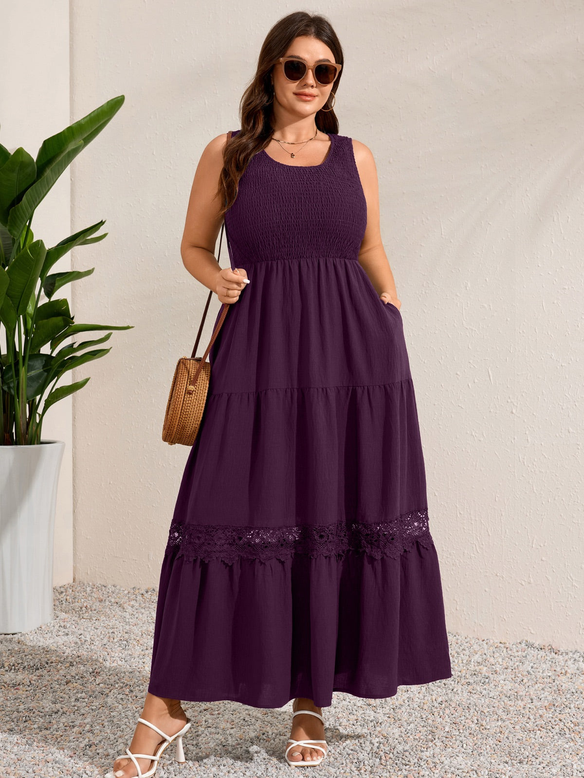 Plus Size Solid Smocked-Bodice Maxi Dress — Purple gallery image 1