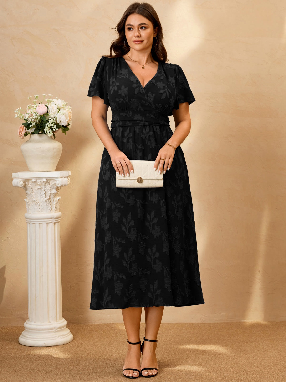 Plus Size Lace V-Neck Midi Dress — Black gallery image 1