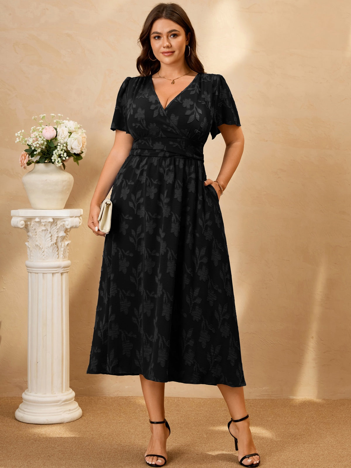 Plus Size Lace V-Neck Midi Dress — Black gallery image 2