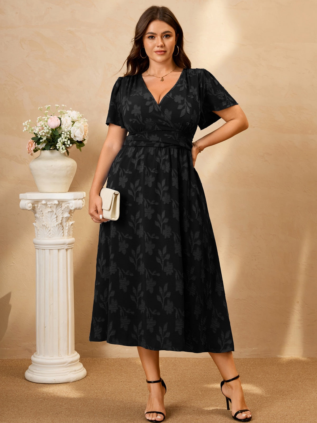 Plus Size Lace V-Neck Midi Dress — Black gallery image 3