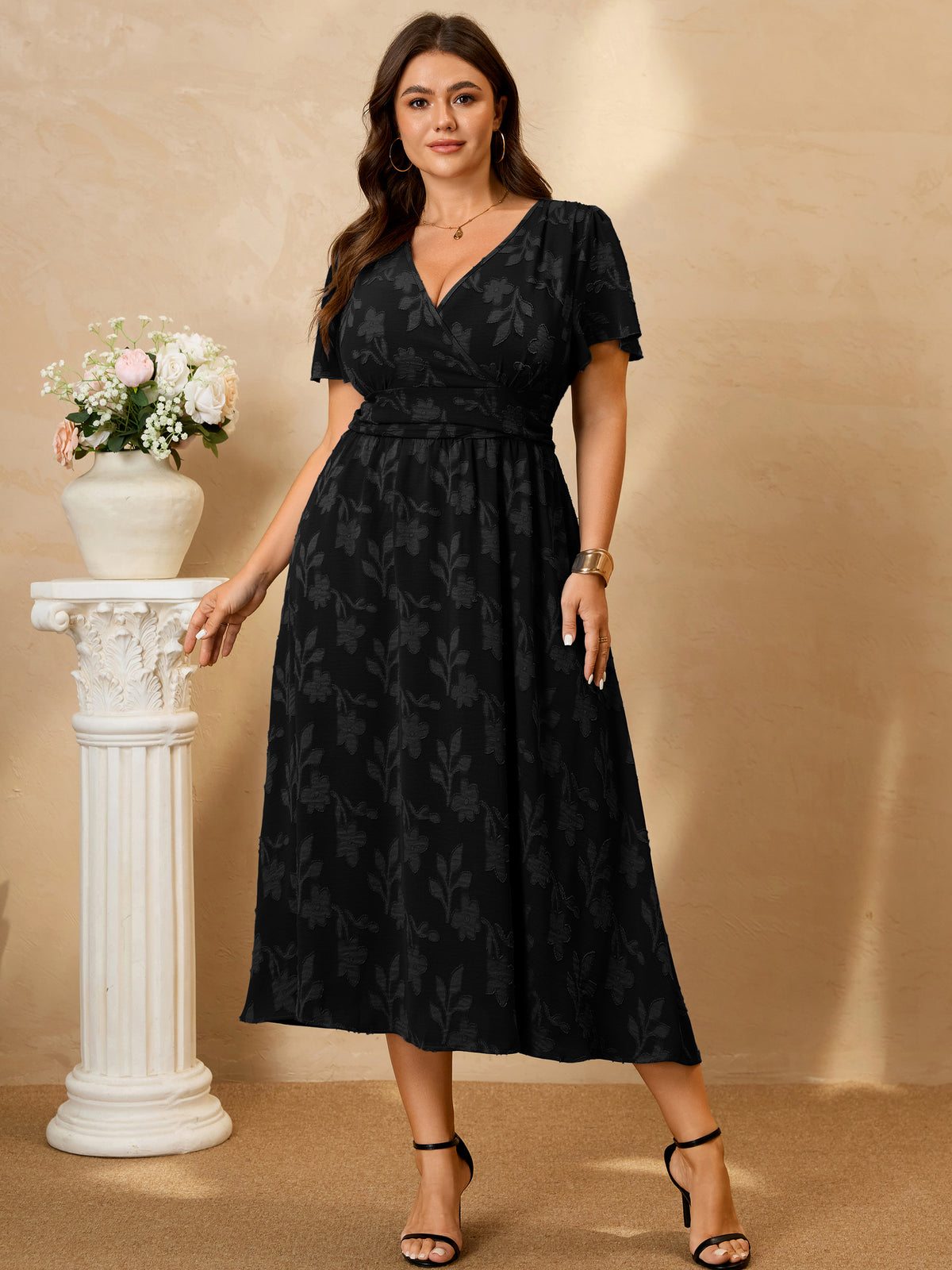 Plus Size Lace V-Neck Midi Dress — Black additional non-white image