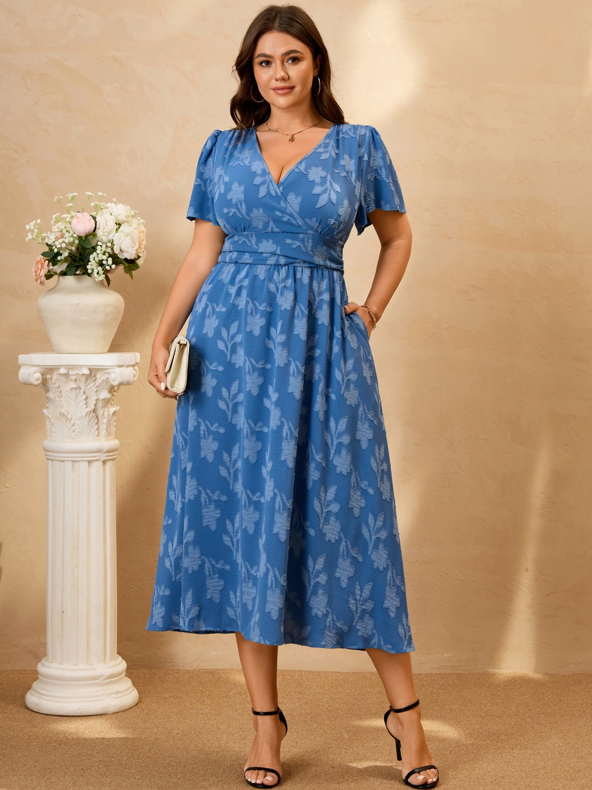 Plus Size Lace V-Neck Midi Dress — Blue gallery image 2