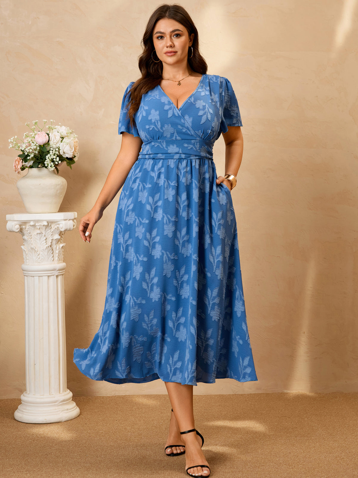 Plus Size Lace V-Neck Midi Dress — Blue additional non-white image
