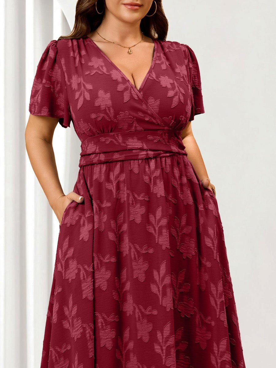 Plus Size Lace V-Neck Midi Dress — Burgundy close-up detail